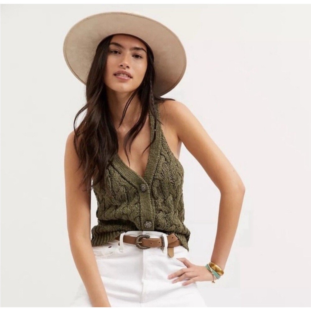 Anthropologie XS Vest Women's Cable Knit Sweater Button Up Olive Green
